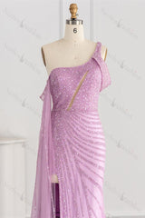 Pink Mermaid Prom Dress One Shoulder Sequined Formal Dress
