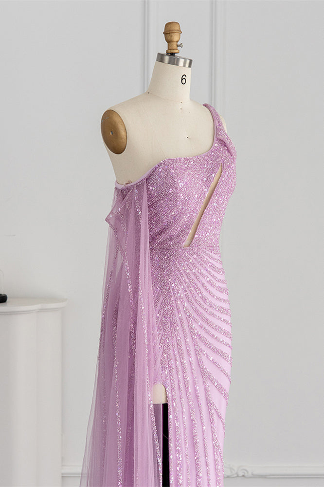 Pink Mermaid Prom Dress One Shoulder Sequined Formal Dress