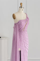 Pink Mermaid Prom Dress One Shoulder Sequined Formal Dress