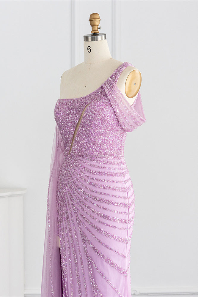 Pink Mermaid Prom Dress One Shoulder Sequined Formal Dress