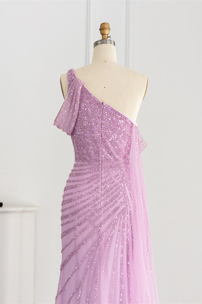 Pink Mermaid Prom Dress One Shoulder Sequined Formal Dress