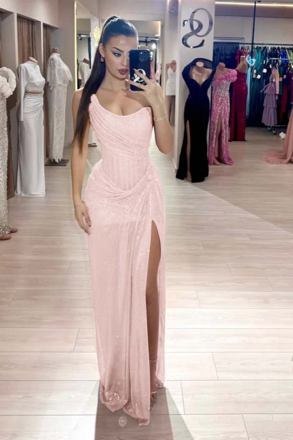 Pink Mermaid Prom Dress Sequined Sleeveless Strapless Formal Dress