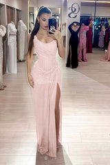 Pink Mermaid Prom Dress Sequined Sleeveless Strapless Formal Dress
