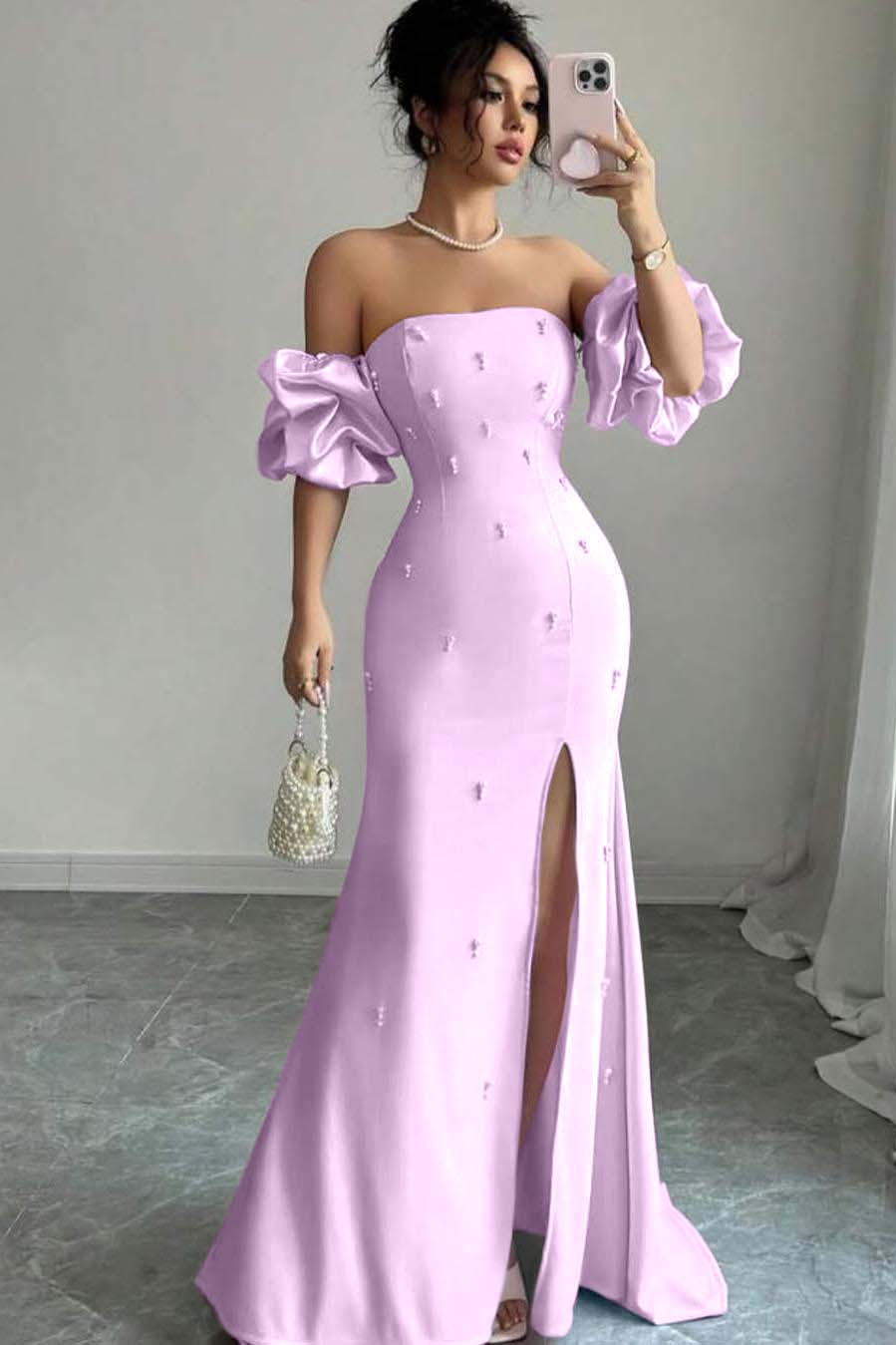 Pink Mermaid Prom Dress Short Sleeve Strapless Beaded Formal Dress