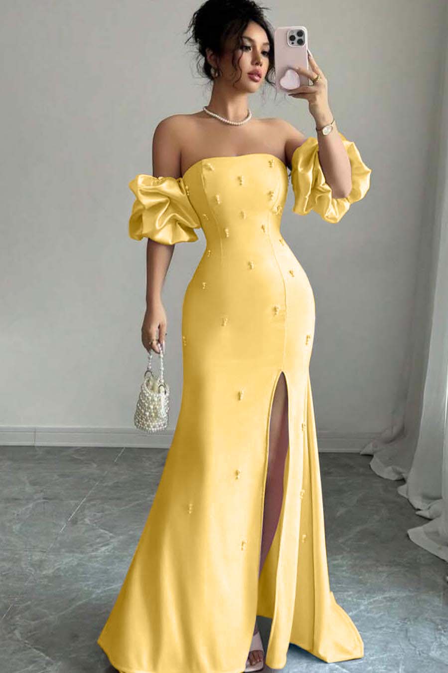 Pink Mermaid Prom Dress Short Sleeve Strapless Beaded Formal Dress