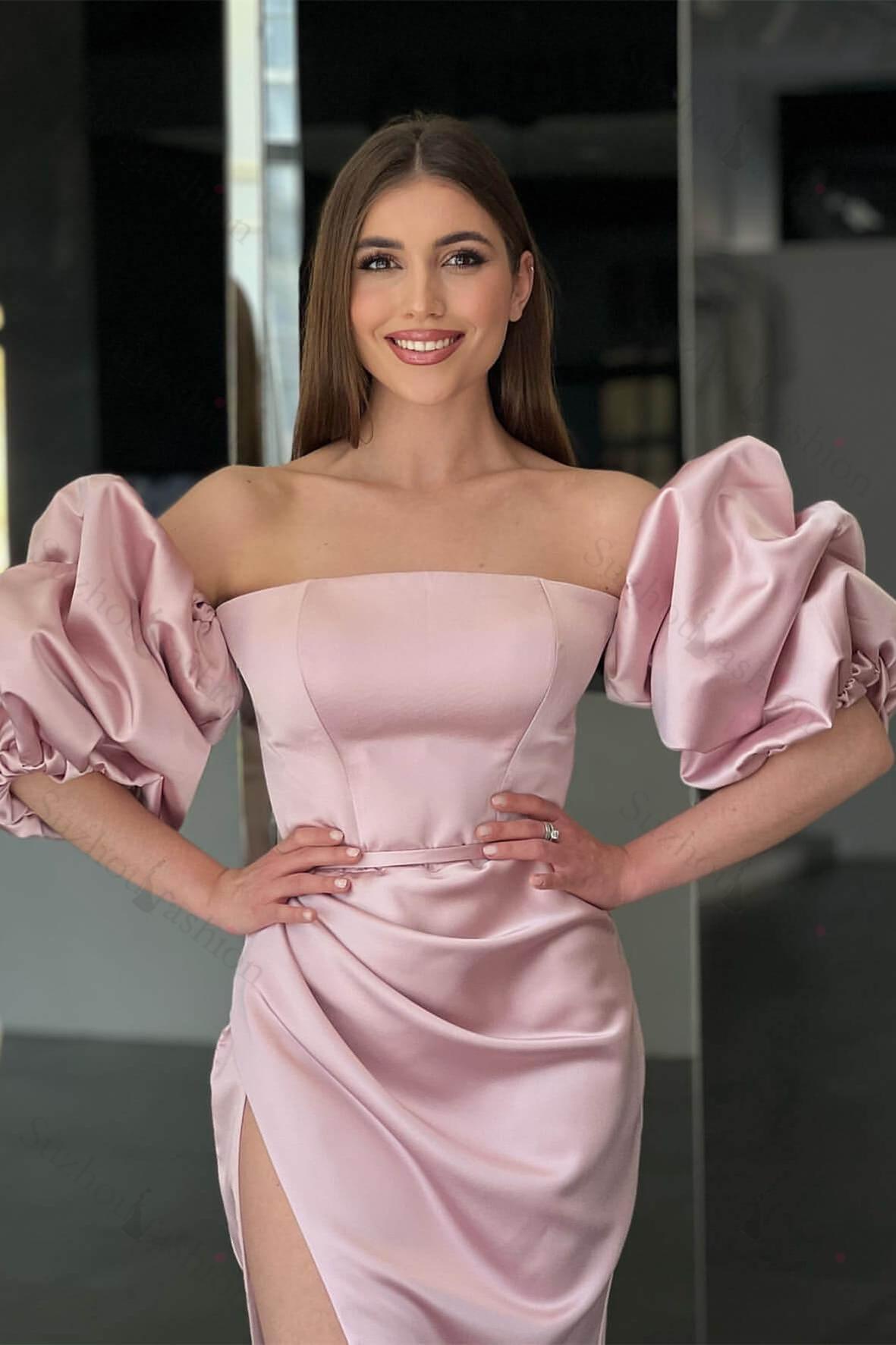 Pink Mermaid Prom Dress Short Sleeve Strapless Satin Formal Dress