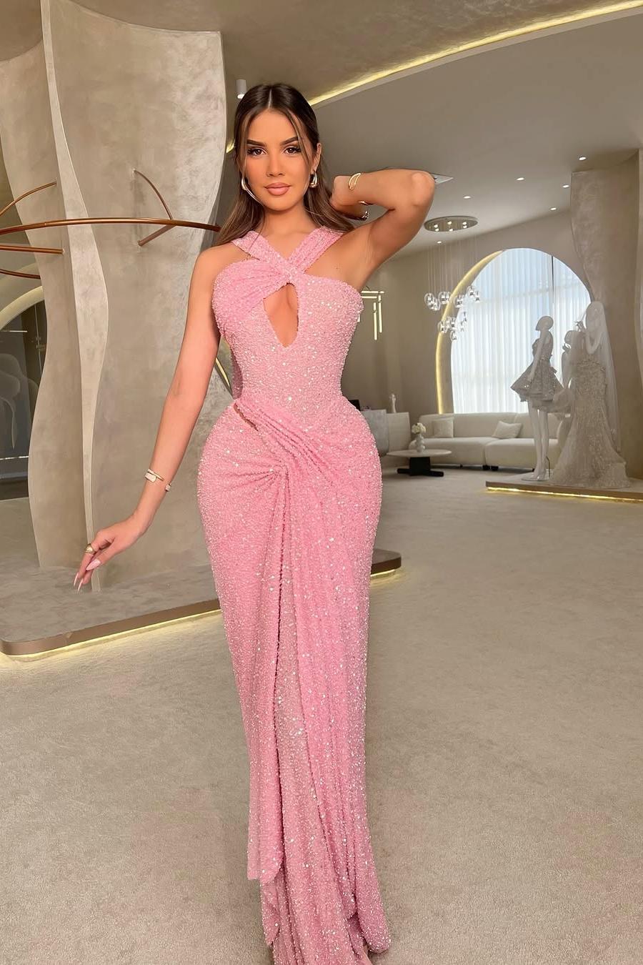 Pink Mermaid Prom Dress Sleeveless Halter Neck Sequined Formal Dress