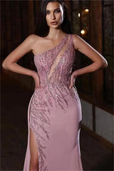 Pink Mermaid Prom Dress Sleeveless One Shoulder Sequined Formal Dress