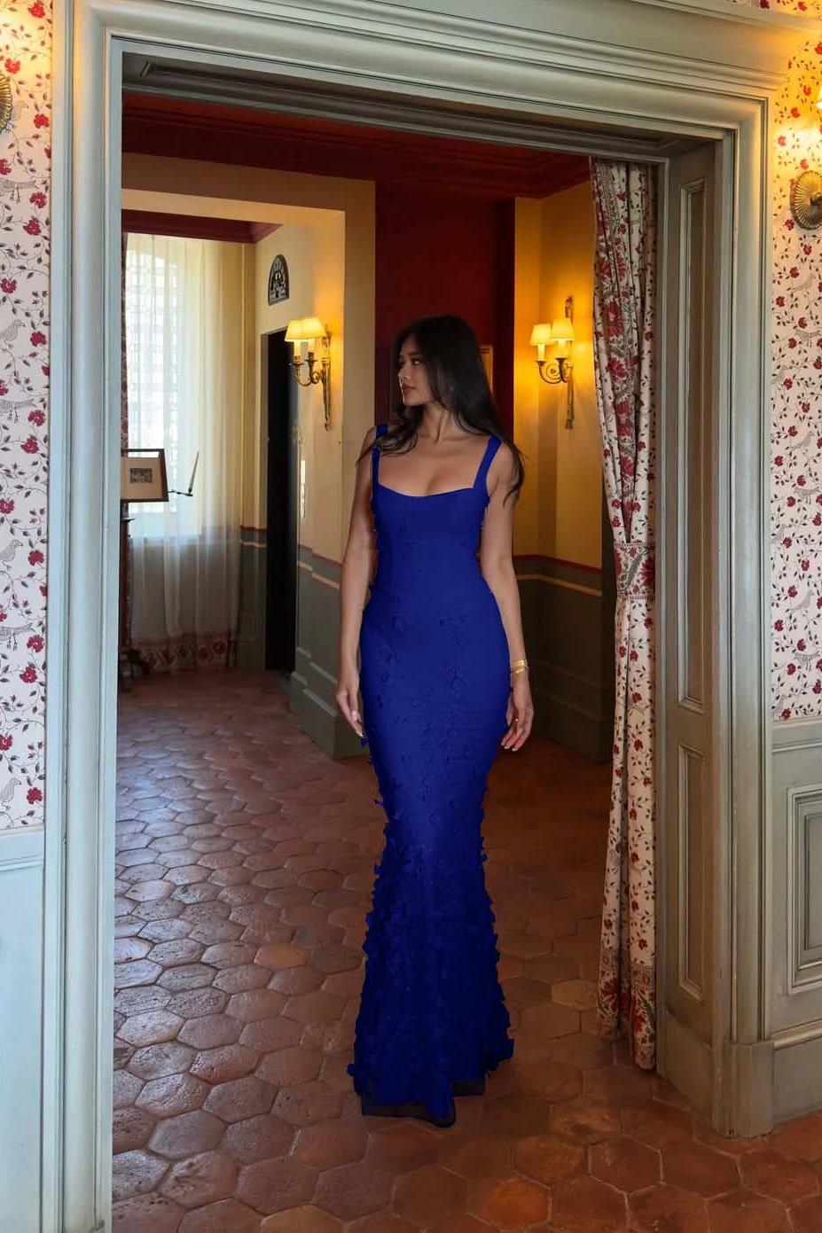 Pink Mermaid Prom Dress Sleeveless Scoop Neck Formal Dress With 3D Flowers