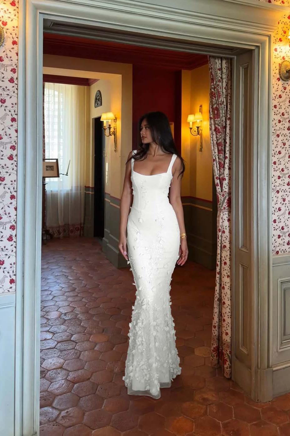 Pink Mermaid Prom Dress Sleeveless Scoop Neck Formal Dress With 3D Flowers