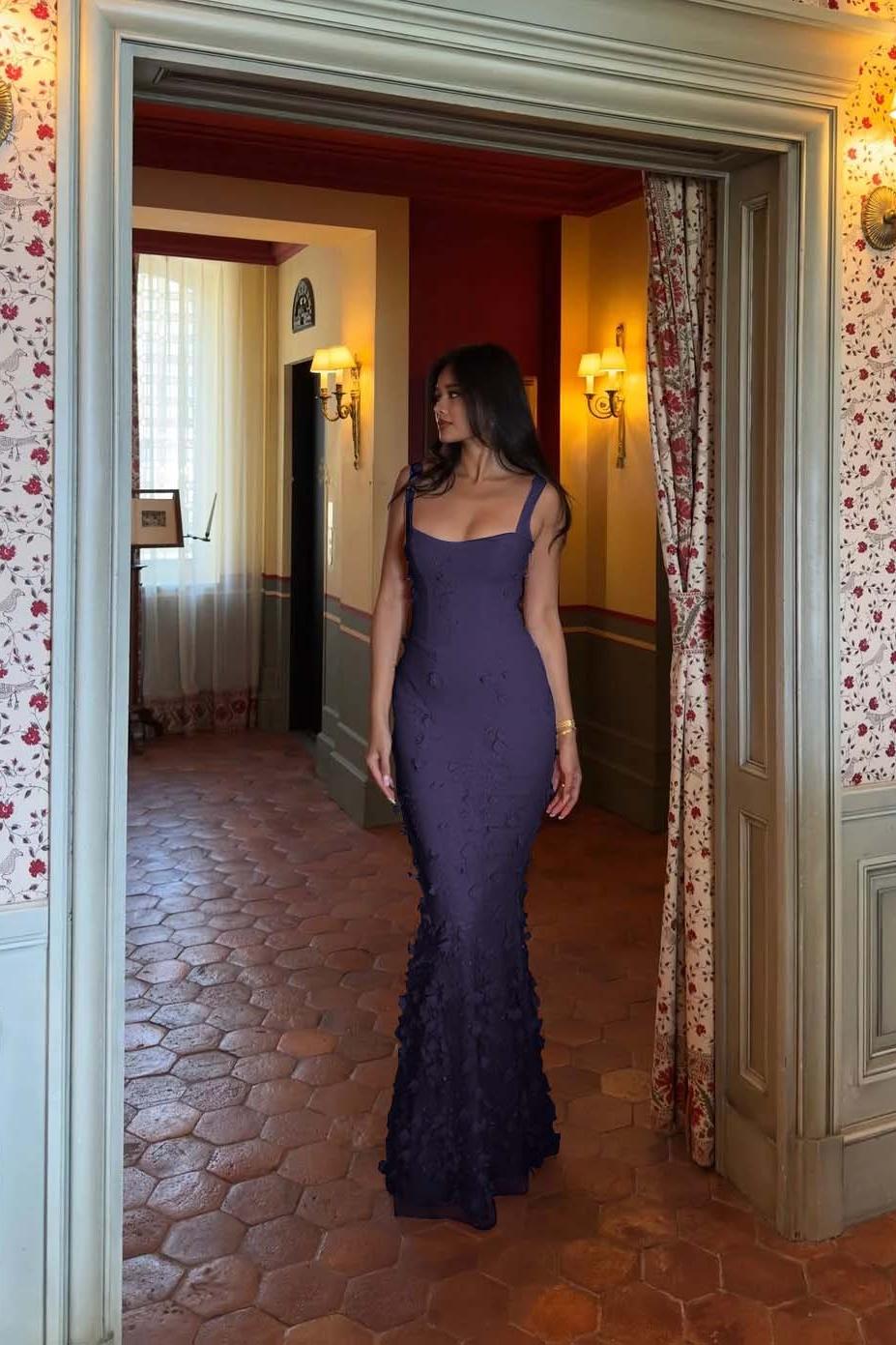 Pink Mermaid Prom Dress Sleeveless Scoop Neck Formal Dress With 3D Flowers