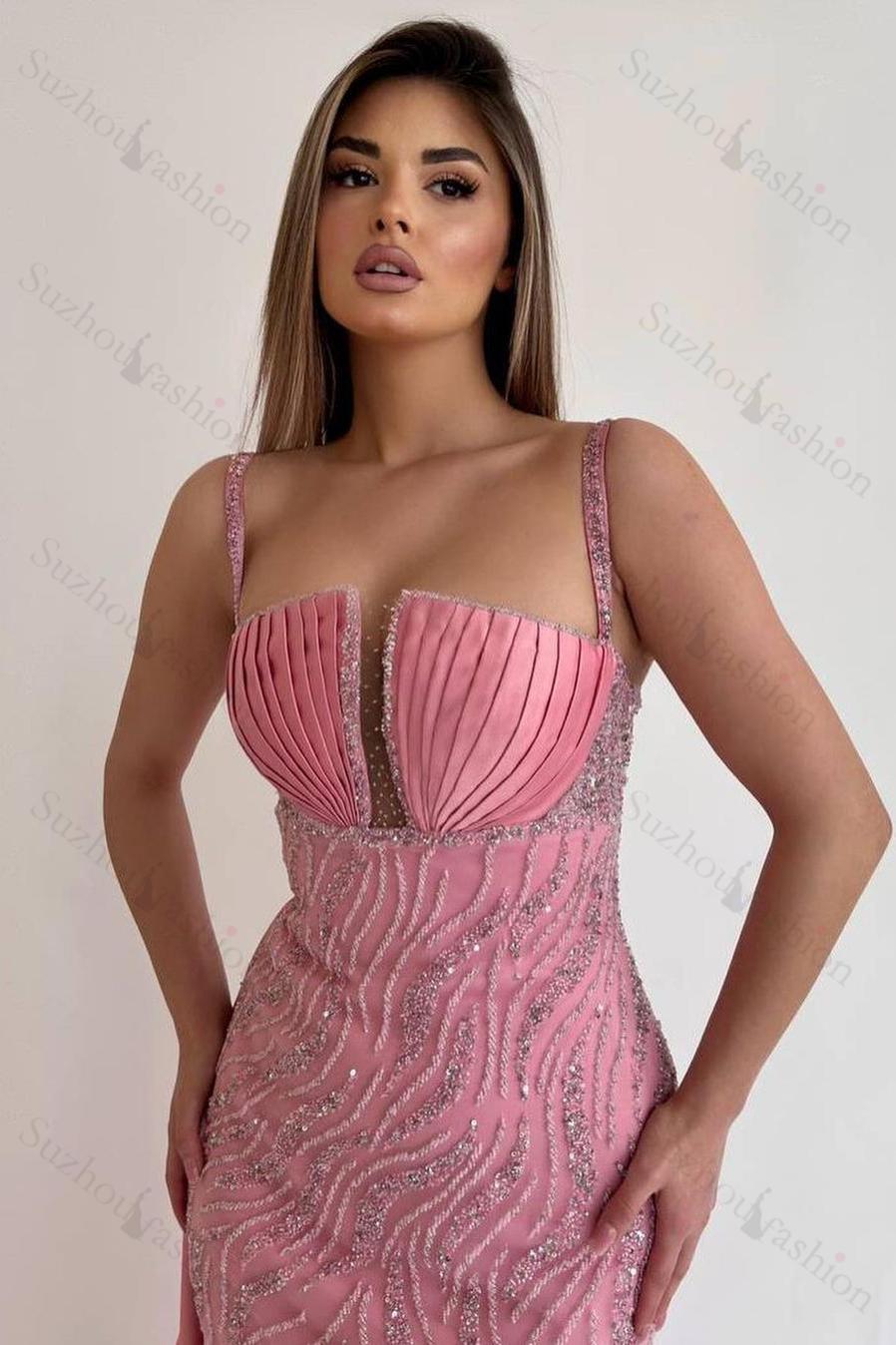 Pink Mermaid Prom Dress Sleeveless Spaghetti Straps Beaded Formal Dress