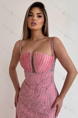 Pink Mermaid Prom Dress Sleeveless Spaghetti Straps Beaded Formal Dress