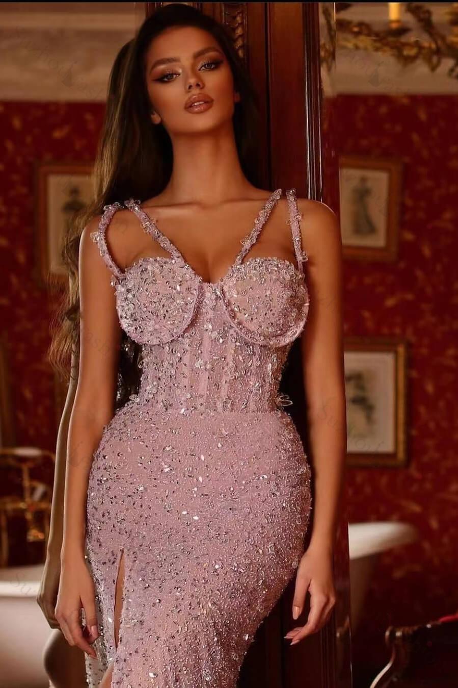 Pink Mermaid Prom Dress Sleeveless Spaghetti Straps Sequined Formal Dress