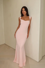 Pink Mermaid Prom Dress Sleeveless Square Neck Satin Formal Dress
