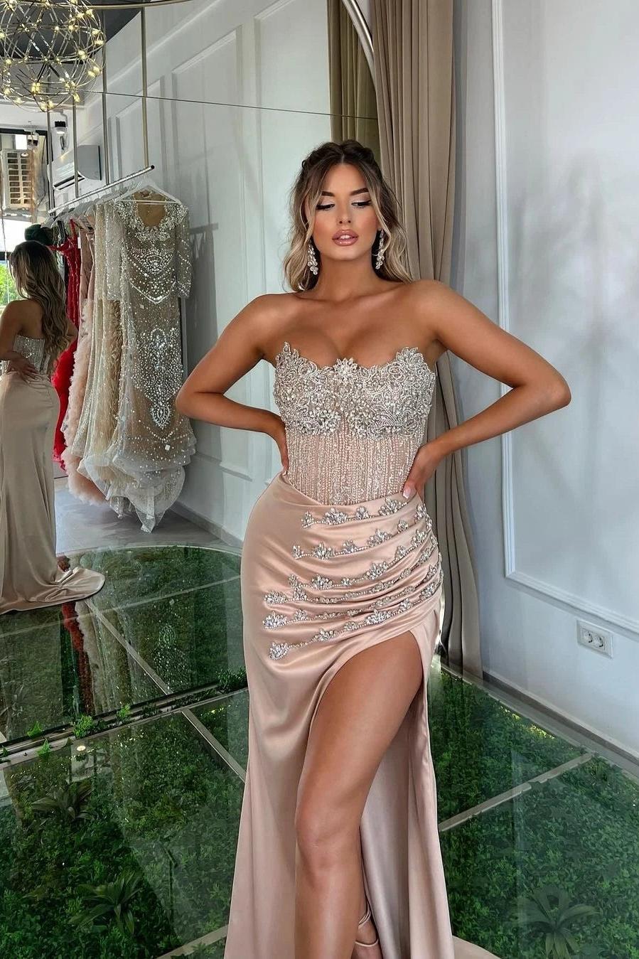 Pink Mermaid Prom Dress Sleeveless Strapless Beaded Formal Dress