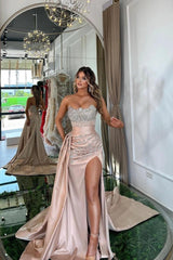 Pink Mermaid Prom Dress Sleeveless Strapless Beaded Formal Dress