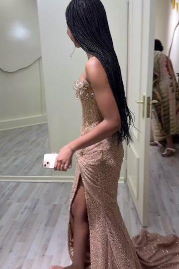 Pink Mermaid Prom Dress Strapless Sequined Sleeveless Formal Dress