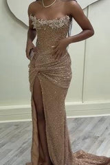 Pink Mermaid Prom Dress Strapless Sequined Sleeveless Formal Dress