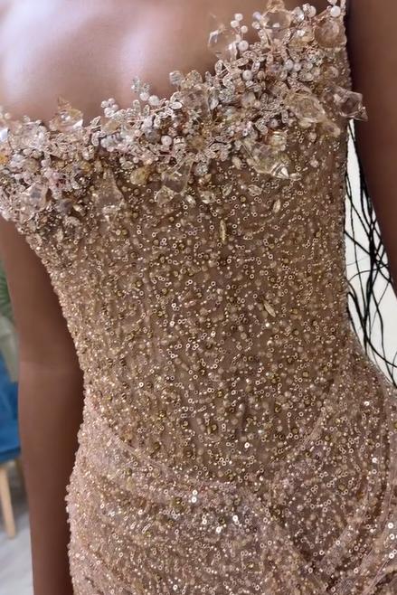 Pink Mermaid Prom Dress Strapless Sequined Sleeveless Formal Dress