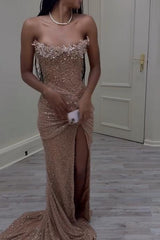 Pink Mermaid Prom Dress Strapless Sequined Sleeveless Formal Dress