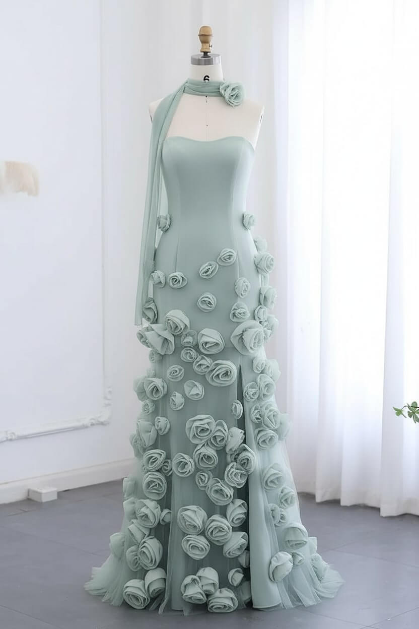 Pink Mermaid Prom Dress Sweetheart Formal Dress With 3D Flowers