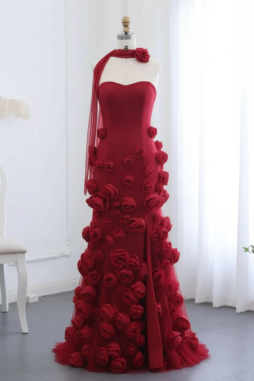 Pink Mermaid Prom Dress Sweetheart Formal Dress With 3D Flowers