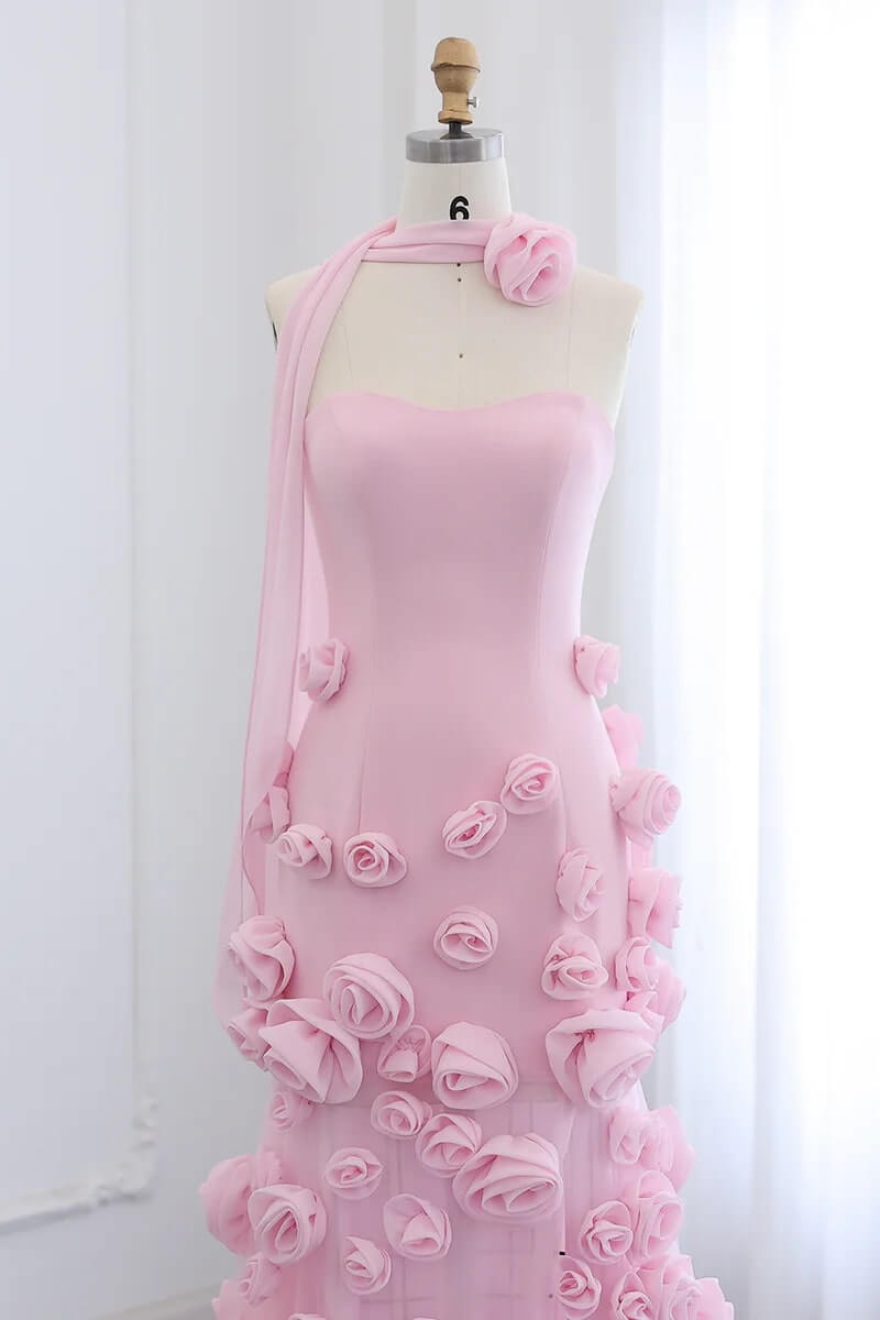 Pink Mermaid Prom Dress Sweetheart Formal Dress With 3D Flowers