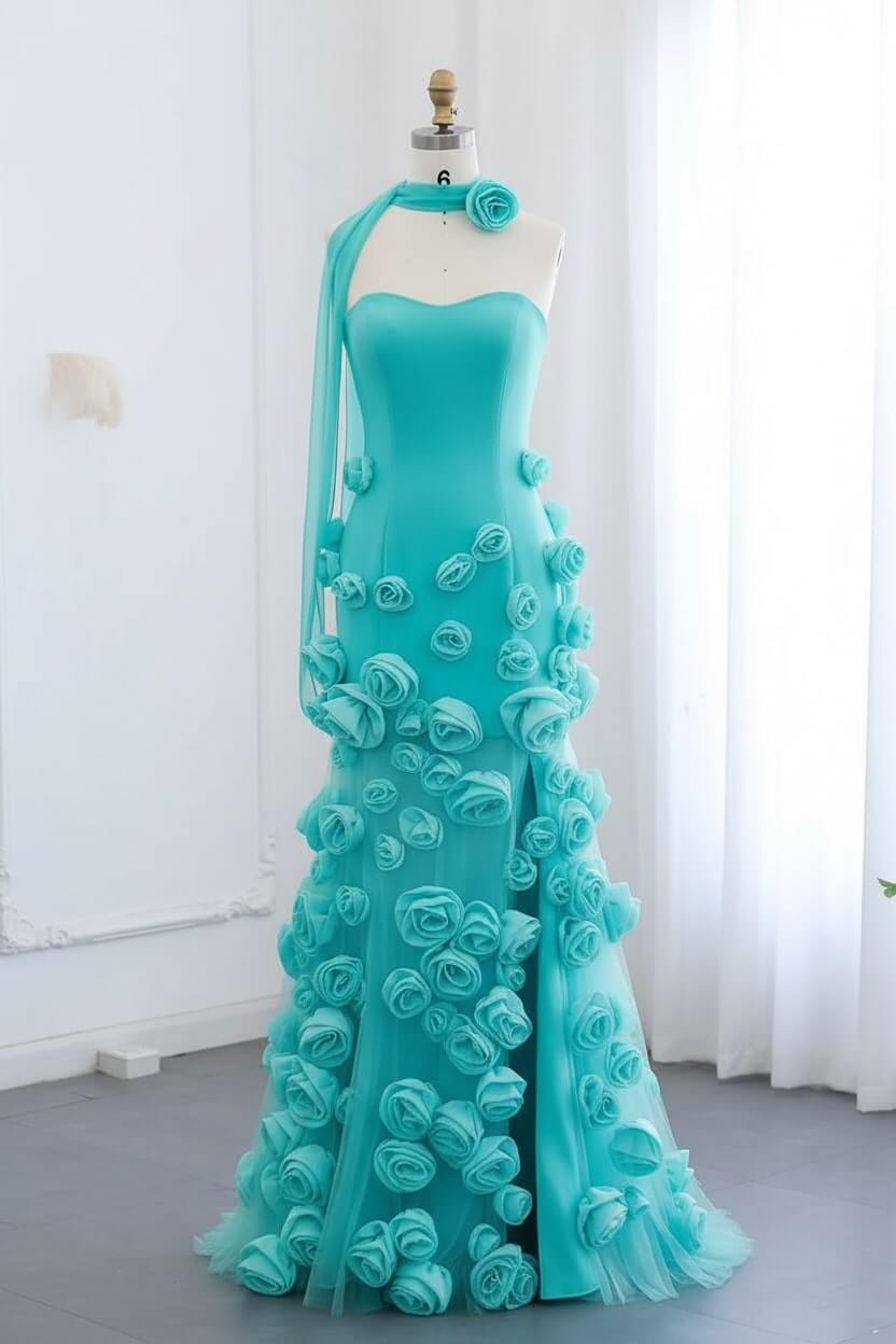 Pink Mermaid Prom Dress Sweetheart Formal Dress With 3D Flowers