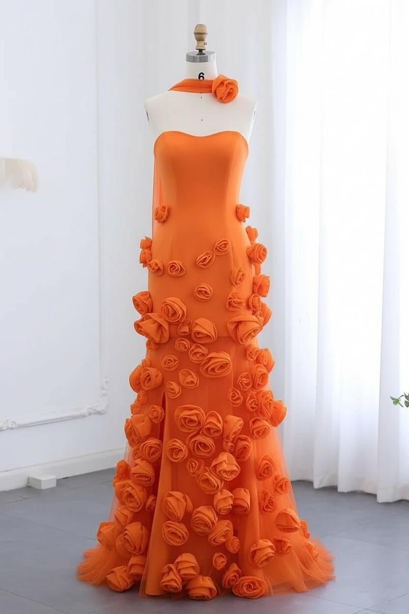 Pink Mermaid Prom Dress Sweetheart Formal Dress With 3D Flowers