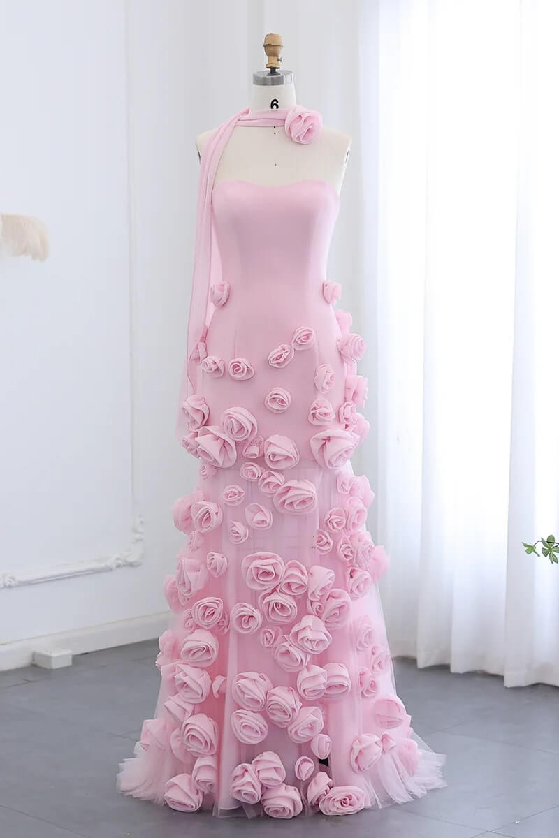 Pink Mermaid Prom Dress Sweetheart Formal Dress With 3D Flowers