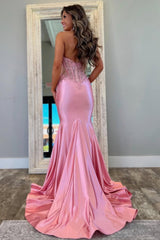 Pink Mermaid Prom Dress With Deep V-Neck Backless Long Satin And Appliques Formal Evening Gown