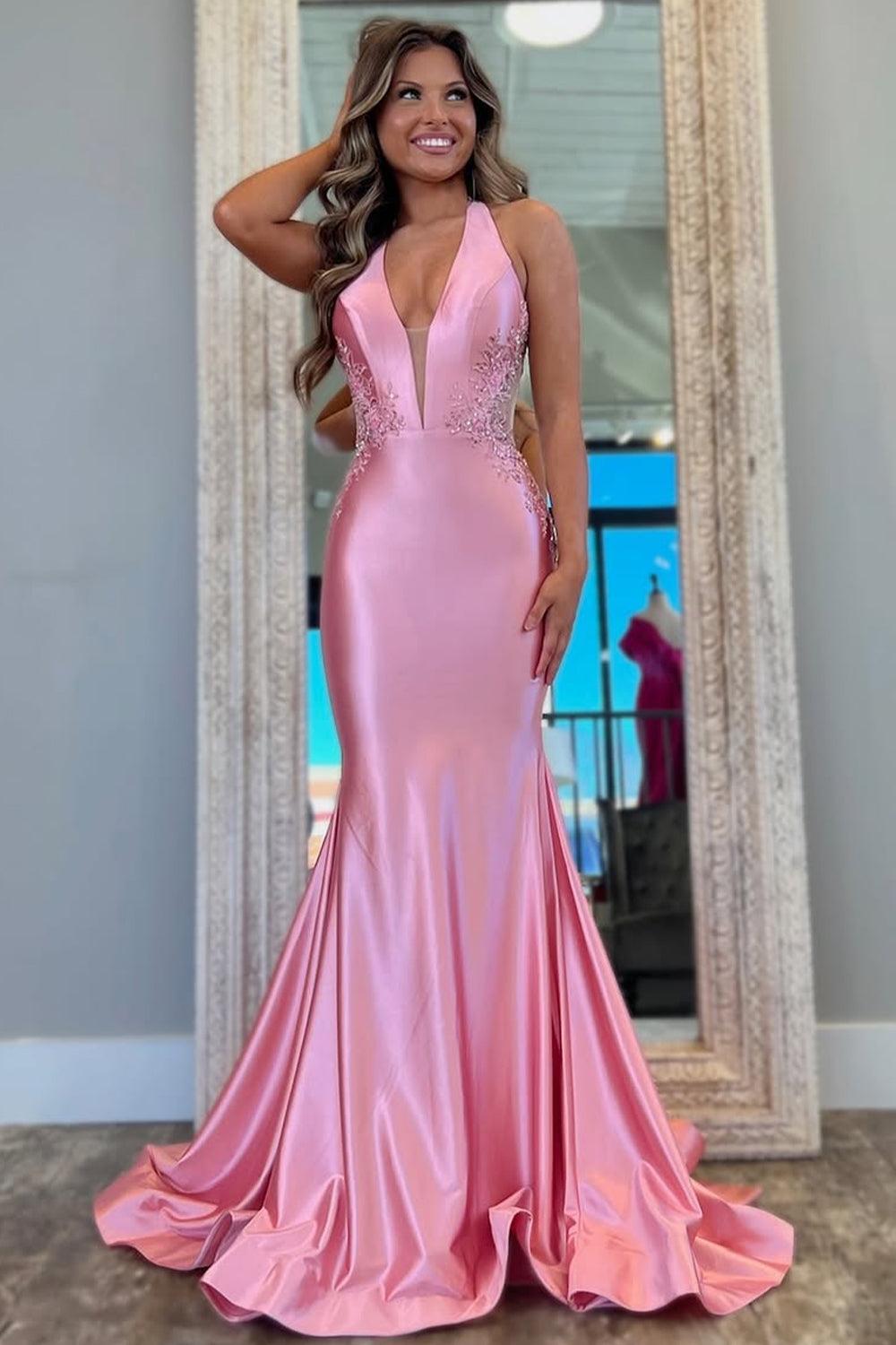 Pink Mermaid Prom Dress With Deep V-Neck Backless Long Satin And Appliques Formal Evening Gown
