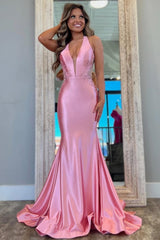 Pink Mermaid Prom Dress With Deep V-Neck Backless Long Satin And Appliques Formal Evening Gown