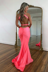 Pink Mermaid V-Neck Prom Dress With Cross Back And Satin Finish Formal Evening Gown