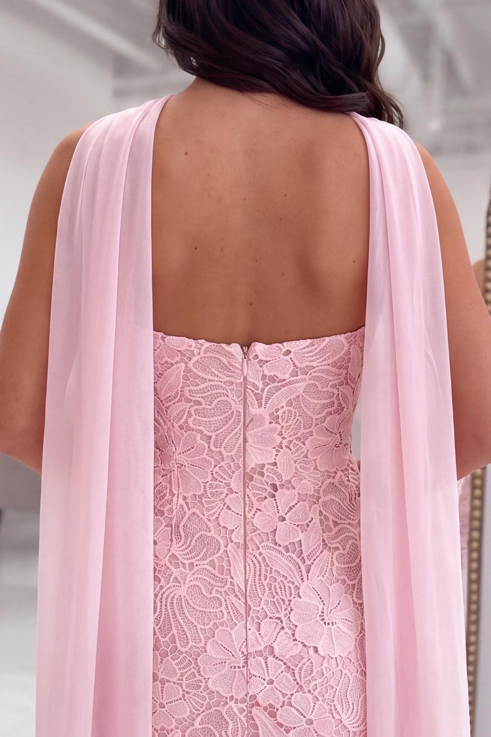Pink Neck Scarf Lace Tight Strapless Short Homecoming Dress