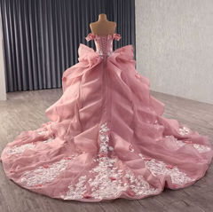 Pink Off Shoulder Quinceanera Dress Ball Gown Sweet 16 Dress with Lace Appliques