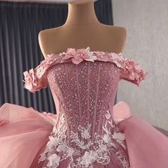 Pink Off Shoulder Quinceanera Dress Ball Gown Sweet 16 Dress with Lace Appliques