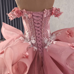 Pink Off Shoulder Quinceanera Dress Ball Gown Sweet 16 Dress with Lace Appliques