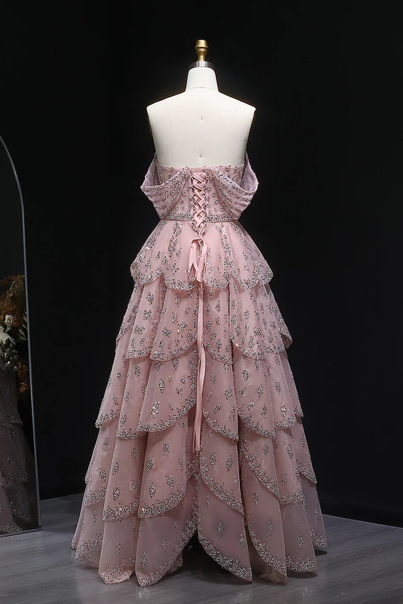 Pink Off The Shoulder Prom Dress A Line Tiered Beaded Formal Dress