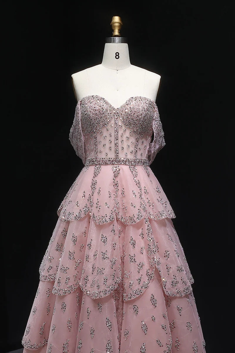 Pink Off The Shoulder Prom Dress A Line Tiered Beaded Formal Dress