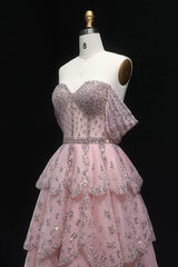 Pink Off The Shoulder Prom Dress A Line Tiered Beaded Formal Dress