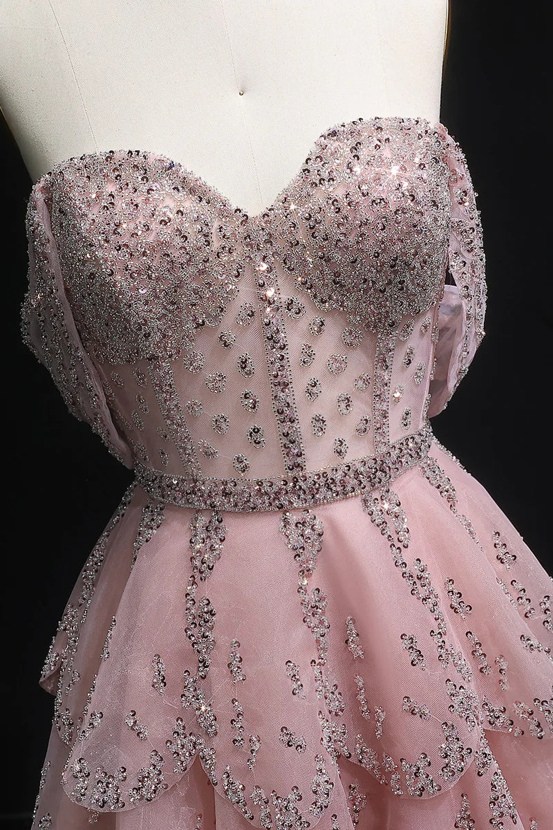 Pink Off The Shoulder Prom Dress A Line Tiered Beaded Formal Dress