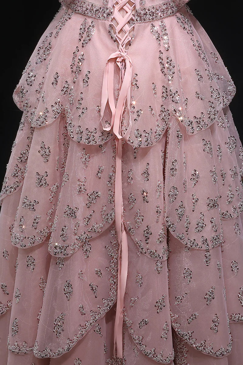 Pink Off The Shoulder Prom Dress A Line Tiered Beaded Formal Dress