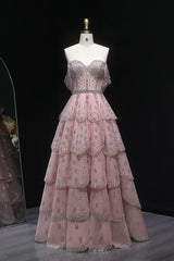 Pink Off The Shoulder Prom Dress A Line Tiered Beaded Formal Dress