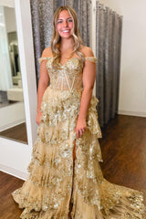 Pink Off The Shoulder Tiered Prom Dress
