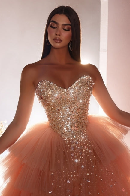 Pink Prom Dress A Line Princess Tulle Beading Sleeveless Formal Dress With Pearls