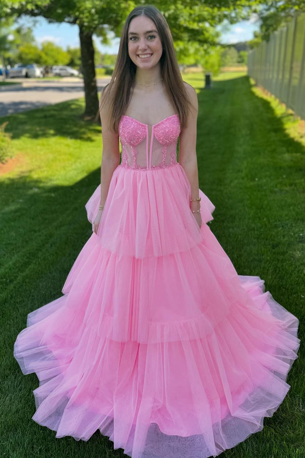 Pink Prom Dress A-Line Ruffled Corset Long Formal Dress With Lace