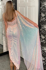 Pink Prom Dress Corset Mermaid Side Cape Long Formal Dress With Slit