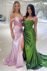 Pink Prom Dress Corset Off The Shoulder Long Formal Dress With Slit